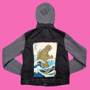 Godzilla/The Great Wave off Kanagawa Upcycled Denim, Hoodie Jacket Size M